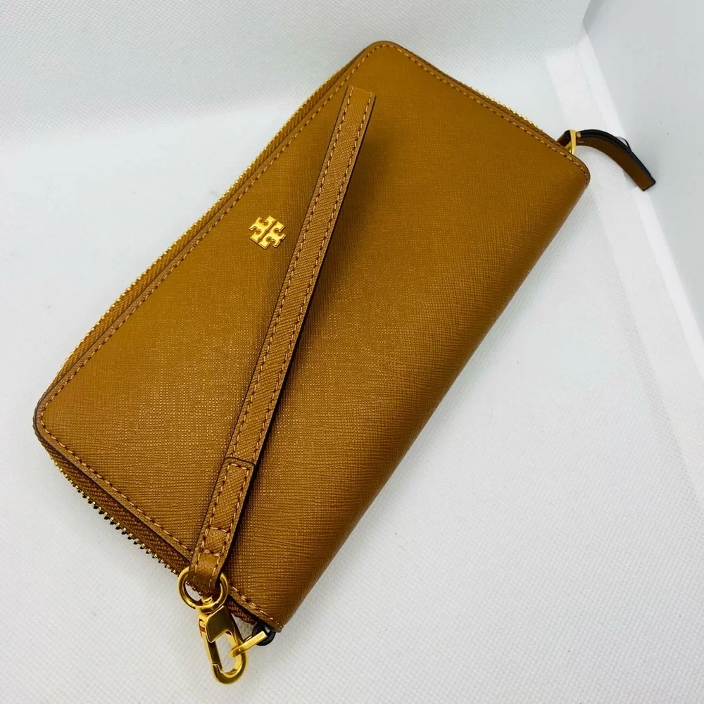 NEW! Tory Burch Emerson Moose Brown Leather Zip Continental Wallet